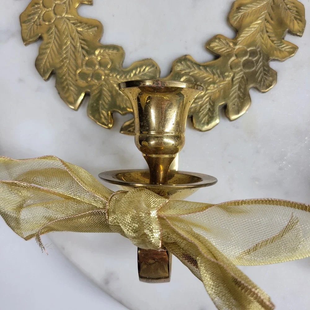 Solid Brass Christmas Wreath Candle Wall Sconces Pair Gold Holly Vintage Holiday